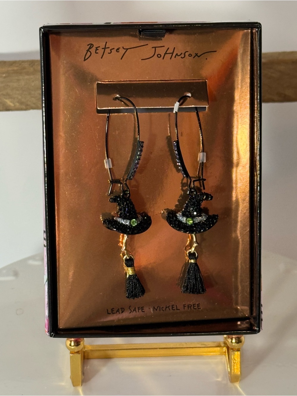 Betsey Johnson Black Witch Hat Tassel Hoop Earrings with Green Accent NIB
